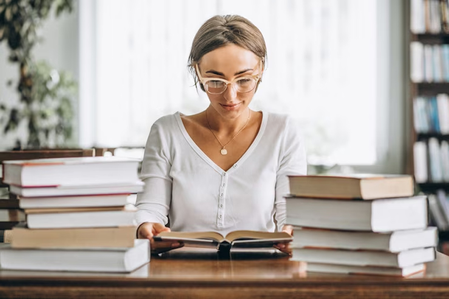 Девушка читает книгу за столом