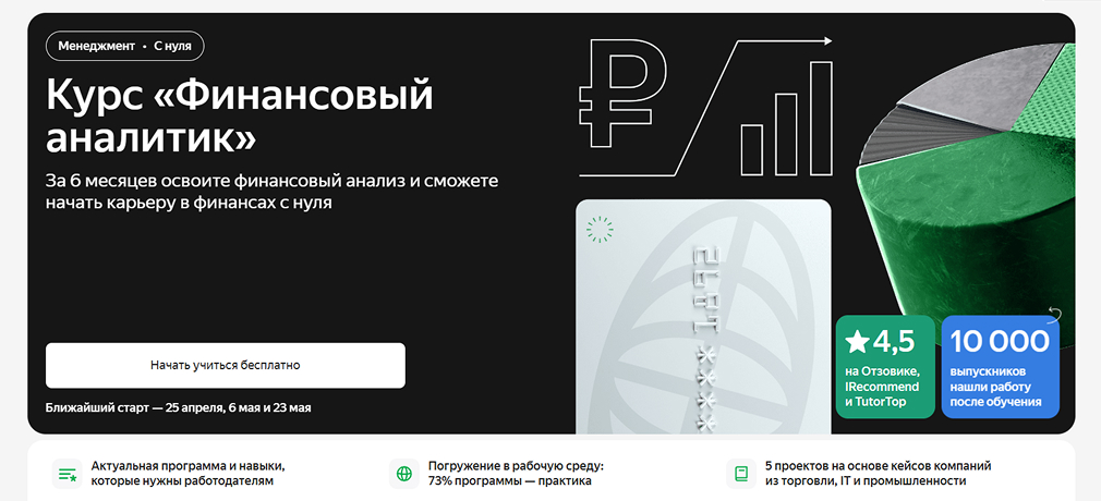 Лендинг курса Финансовый аналитик от Яндекс Практикум