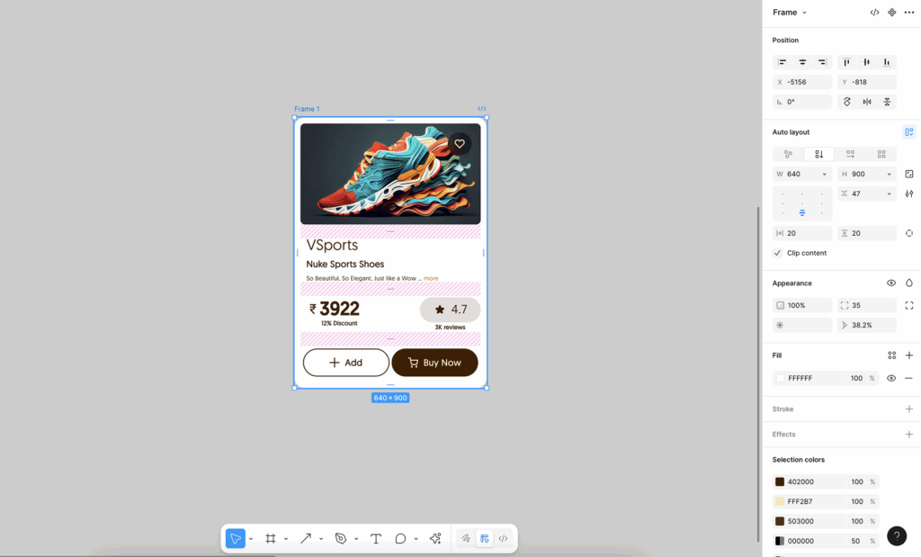 Скриншот сложной карточки с вложенными Auto Layout фреймами и их структурой